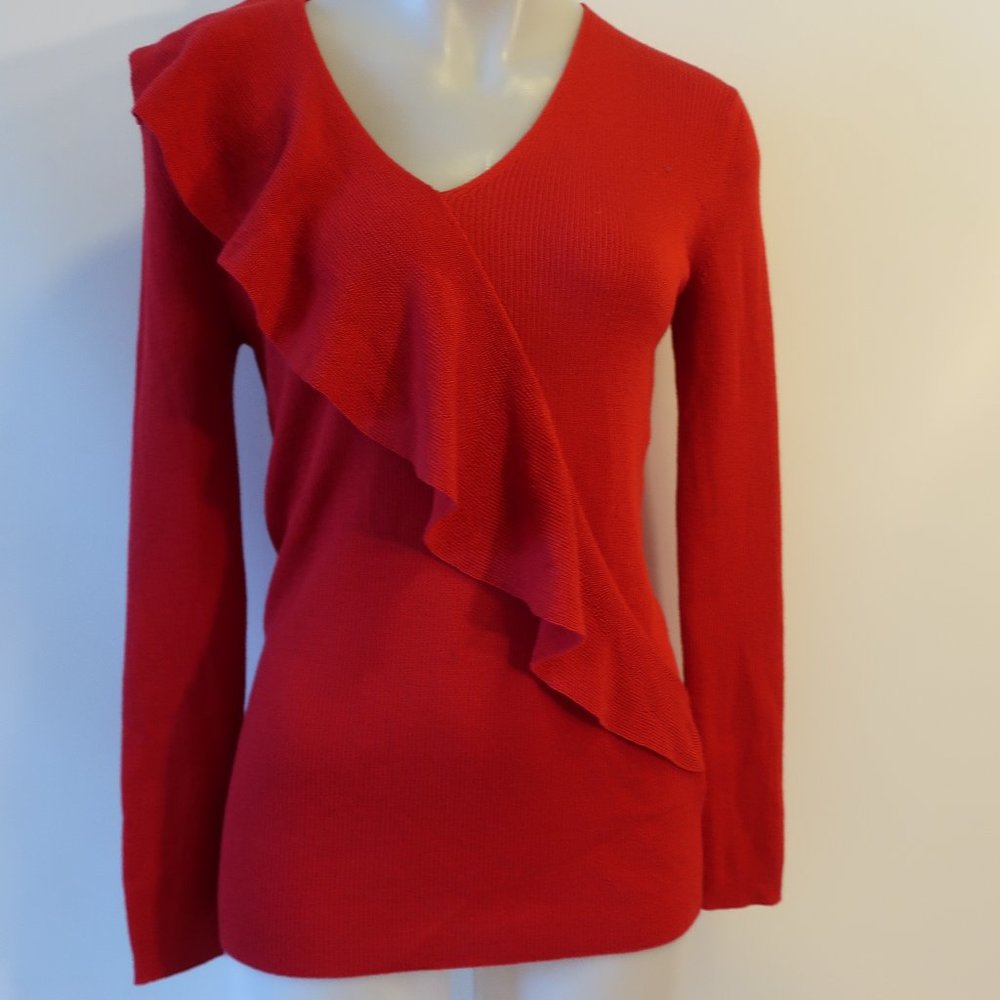 Womens Lafayette 148 New York Red V-Neck Wool Silk Ruffled Knit Sweater S *